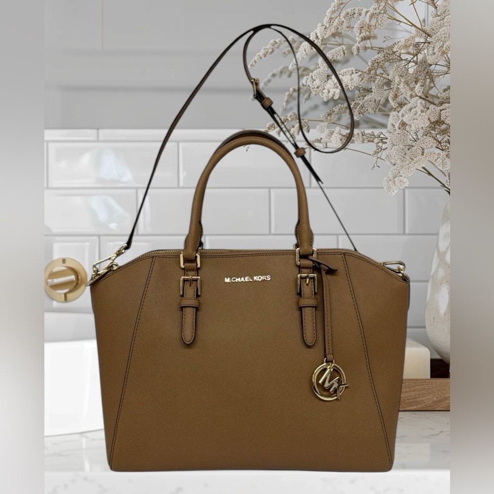 Michael Kors Camel-Beige Saffiano Leather Double Top Handles Satchel Bag Purse